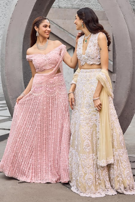 Shop Mehul Gupta Pink Net, Lycra Sequins, Embroidery Off-shoulder Hand Lehenga Set Shop_Mehul Gupta_Pink Net, Lycra Sequins, Embroidery Off-shoulder Hand Lehenga Set