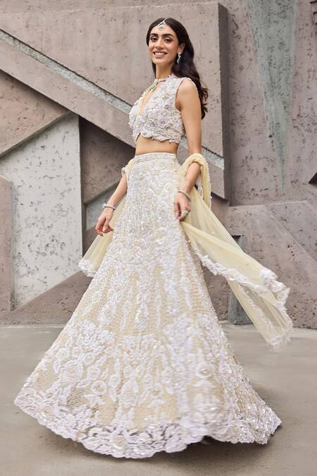 Mehul Gupta Ivory Net, Lycra Embroidery V-neck Lehenga Set Online at Aza Fashions Mehul Gupta_Ivory Net, Lycra Embroidery V-neck Lehenga Set _Online_at_Aza_Fashions