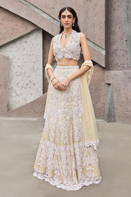 Mehul Gupta Ivory Net, Lycra Embroidery V-neck Lehenga Set