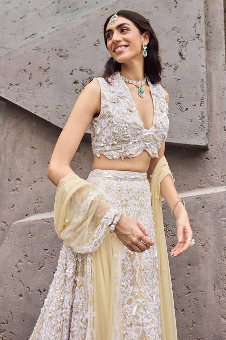 Buy Mehul Gupta Ivory Net, Lycra Embroidery V-neck Lehenga Set Online at Aza Fashions Buy_Mehul Gupta_Ivory Net, Lycra Embroidery V-neck Lehenga Set _Online_at_Aza_Fashions
