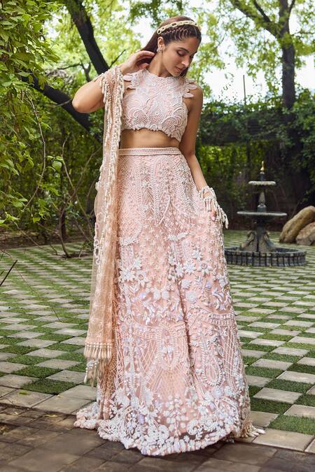 Buy Mehul Gupta Ivory Net, Lycra Embroidery, Tassels Round Neck And Pink Hand Lehenga Set Online at Aza Fashions Buy_Mehul Gupta_Ivory Net, Lycra Embroidery, Tassels Round Neck And Pink Hand Lehenga Set _Online_at_Aza_Fashions