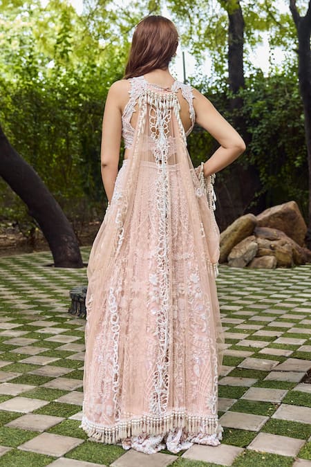 Mehul Gupta Ivory & Pink Hand Embroidered Lehenga Set 