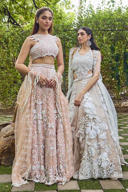 Buy Mehul Gupta Ivory Net, Lycra Embroidery, Tassels Round Neck And Pink Hand Lehenga Set Buy_Mehul Gupta_Ivory Net, Lycra Embroidery, Tassels Round Neck And Pink Hand Lehenga Set
