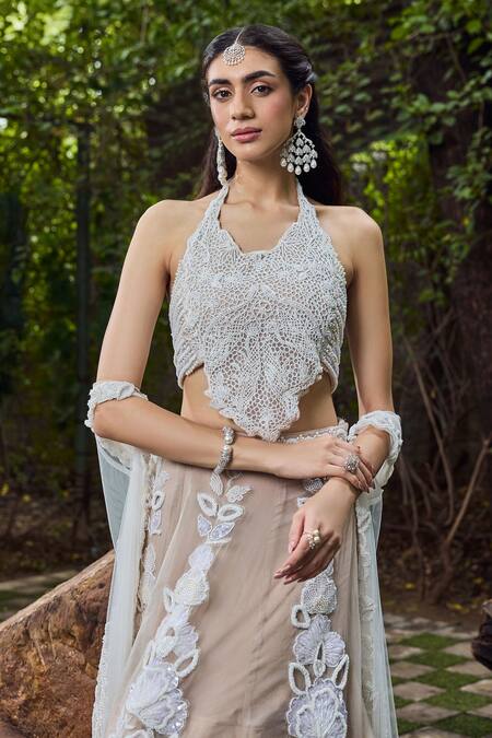 Mehul Gupta_Ivory Net, Lycra Embroidery Halter Neck And Beige Hand Lehenga Set _Online_at_Aza_Fashions