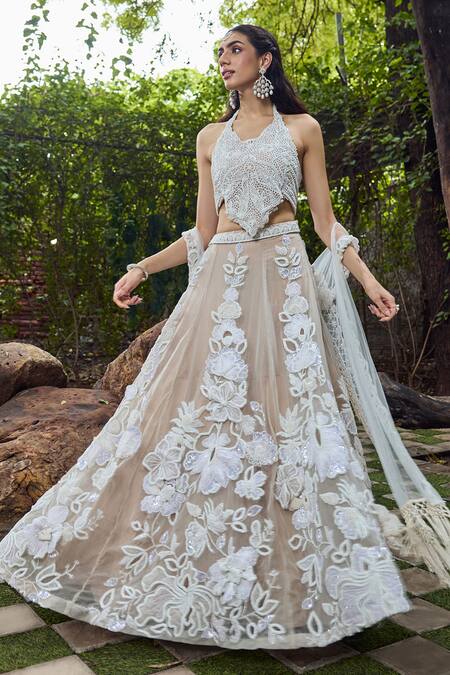 Buy_Mehul Gupta_Ivory Net, Lycra Embroidery Halter Neck And Beige Hand Lehenga Set _Online_at_Aza_Fashions