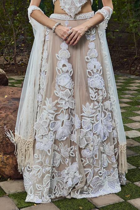 Shop_Mehul Gupta_Ivory Net, Lycra Embroidery Halter Neck And Beige Hand Lehenga Set _Online_at_Aza_Fashions