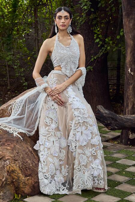 Mehul Gupta_Ivory Net, Lycra Embroidery Halter Neck And Beige Hand Lehenga Set _at_Aza_Fashions
