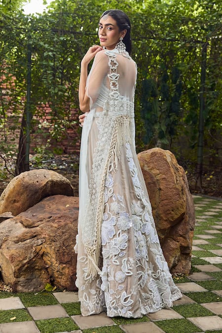 Mehul Gupta Ivory & Beige Hand Embroidered Lehenga Set 