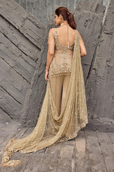 Mehul Gupta Golden Hand Embroidered Tunic Sharara Set 