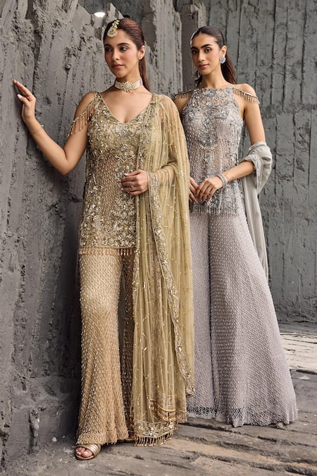 Mehul Gupta_Gold Net Beads, Sequins, Embroidery V-neck Hand Tunic Sharara Set _Online_at_Aza_Fashions