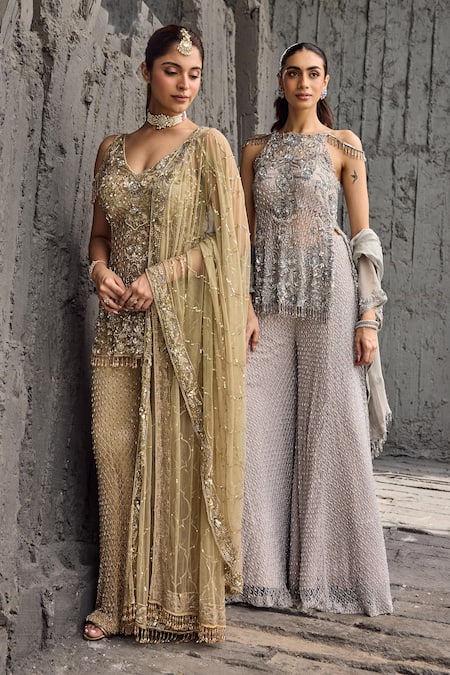 Buy_Mehul Gupta_Gold Net Beads, Sequins, Embroidery V-neck Hand Tunic Sharara Set _Online_at_Aza_Fashions