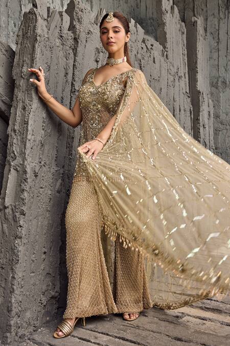 Shop_Mehul Gupta_Gold Net Beads, Sequins, Embroidery V-neck Hand Tunic Sharara Set _Online_at_Aza_Fashions