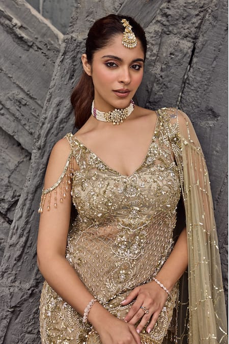 Mehul Gupta_Gold Net Beads, Sequins, Embroidery V-neck Hand Tunic Sharara Set _at_Aza_Fashions