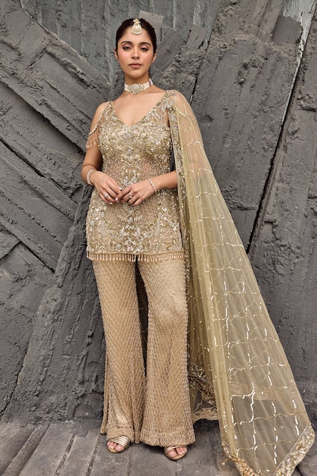 Mehul Gupta Gold Net Beads, Sequins, Embroidery V-neck Hand Tunic Sharara Set
