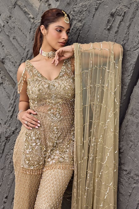 Buy_Mehul Gupta_Gold Net Beads, Sequins, Embroidery V-neck Hand Tunic Sharara Set 