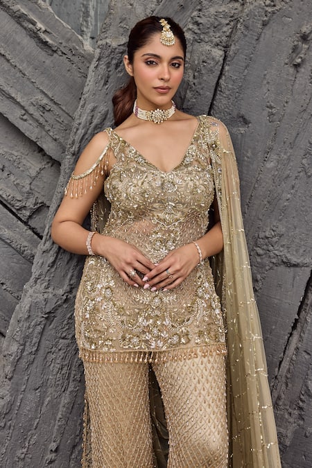 Shop_Mehul Gupta_Gold Net Beads, Sequins, Embroidery V-neck Hand Tunic Sharara Set 