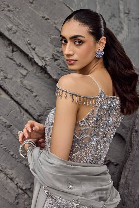 Mehul Gupta_Silver Net Embroidery, Sequins, Beads Scoop Neck Hand Tunic Sharara Set _Online_at_Aza_Fashions