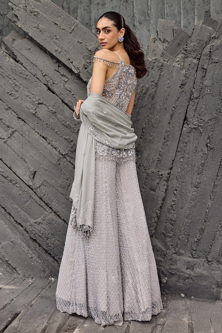 Mehul Gupta Silver Hand Embroidered Tunic Sharara Set 