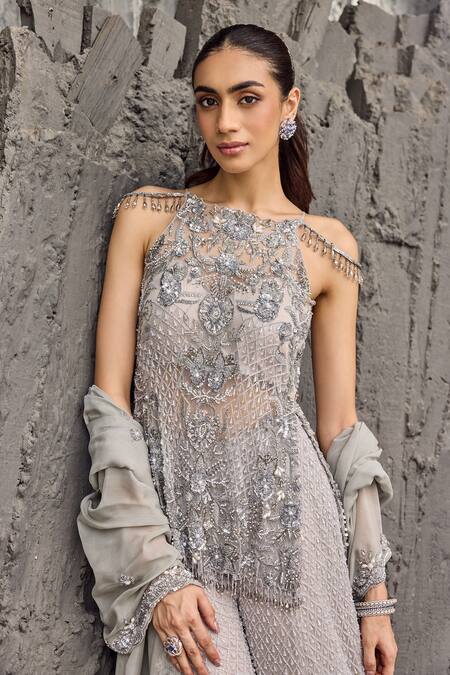 Buy_Mehul Gupta_Silver Net Embroidery, Sequins, Beads Scoop Neck Hand Tunic Sharara Set _Online_at_Aza_Fashions