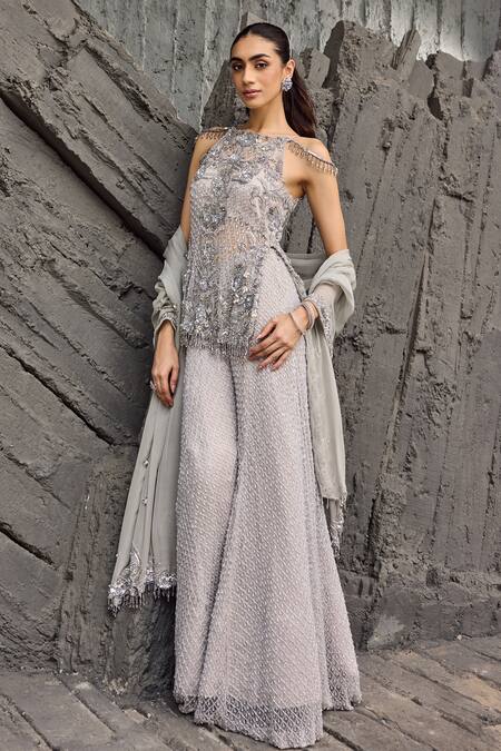 Shop_Mehul Gupta_Silver Net Embroidery, Sequins, Beads Scoop Neck Hand Tunic Sharara Set _Online_at_Aza_Fashions