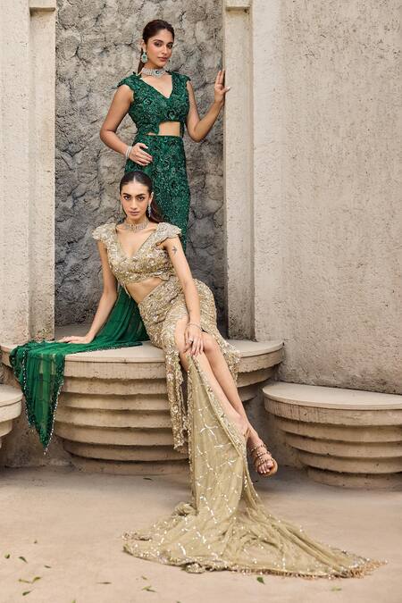 Shop_Mehul Gupta_Gold Net Embroidery, Sequins V-neck Hand Skirt Set _Online_at_Aza_Fashions