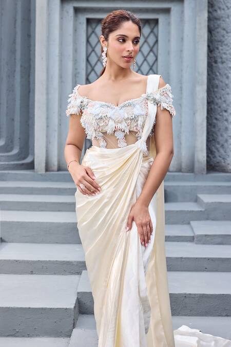 Mehul Gupta_Ivory Lycra, Satin Embroidery Off-shoulder And Coral Hand Saree Set _Online_at_Aza_Fashions