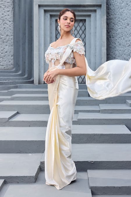 Buy_Mehul Gupta_Ivory Lycra, Satin Embroidery Off-shoulder And Coral Hand Saree Set _Online_at_Aza_Fashions