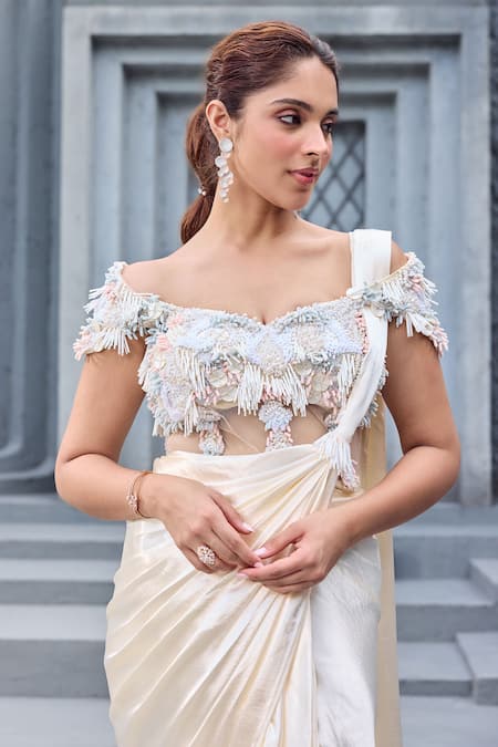 Shop_Mehul Gupta_Ivory Lycra, Satin Embroidery Off-shoulder And Coral Hand Saree Set _Online_at_Aza_Fashions