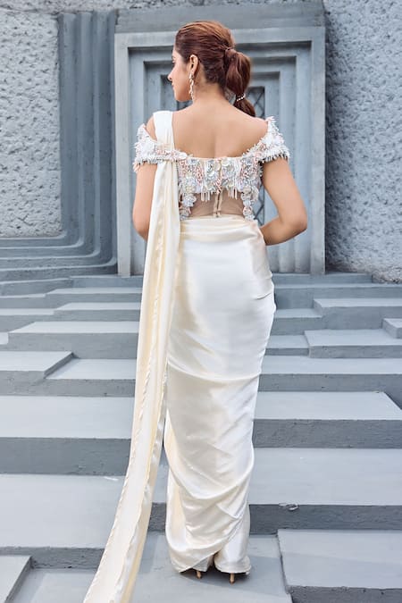 Mehul Gupta Ivory & Coral Hand Embroidered Saree Set 