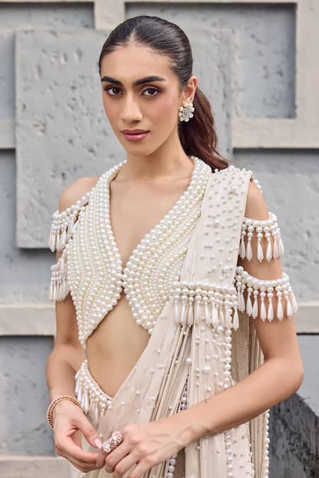 Mehul Gupta_Ivory Satin Pearls, Tassels V-neck Hand Embroidered Pre-draped Saree Set _Online_at_Aza_Fashions