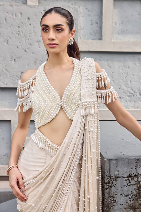 Buy_Mehul Gupta_Ivory Satin Pearls, Tassels V-neck Hand Embroidered Pre-draped Saree Set _Online_at_Aza_Fashions