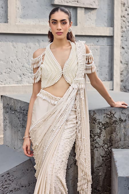 Shop_Mehul Gupta_Ivory Satin Pearls, Tassels V-neck Hand Embroidered Pre-draped Saree Set _Online_at_Aza_Fashions