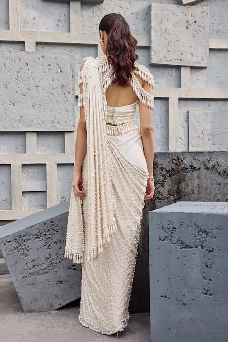 Mehul Gupta Ivory Hand Embroidered Pre-Draped Saree Set 