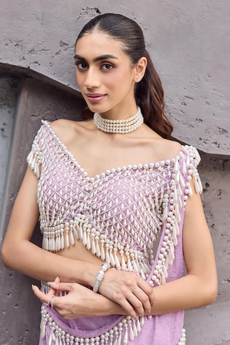 Shop_Mehul Gupta_Purple Net Beads, Pearls, Embroidery Lavender Hand Pre-draped Saree Set _Online_at_Aza_Fashions