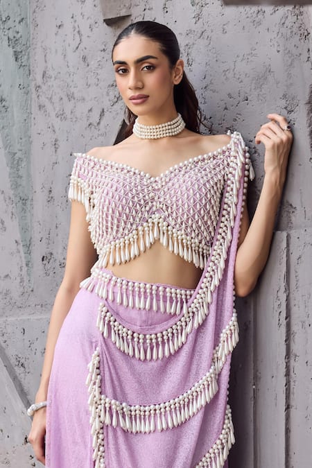 Mehul Gupta_Purple Net Beads, Pearls, Embroidery Lavender Hand Pre-draped Saree Set _at_Aza_Fashions