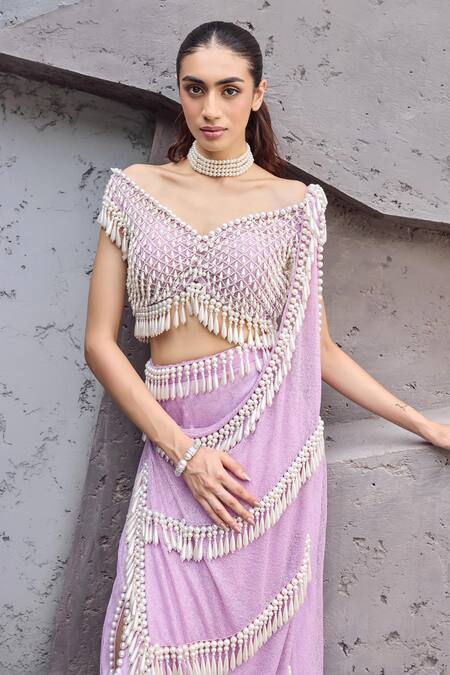 Buy_Mehul Gupta_Purple Net Beads, Pearls, Embroidery Lavender Hand Pre-draped Saree Set 