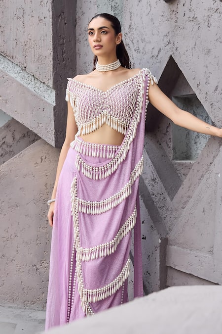 Shop_Mehul Gupta_Purple Net Beads, Pearls, Embroidery Lavender Hand Pre-draped Saree Set 