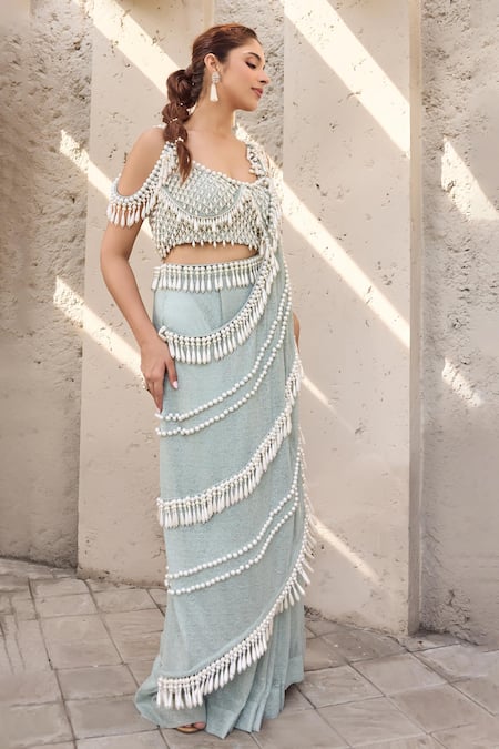Mehul Gupta_Green Net Tassels Round Neck Sage Hand Embroidered Pre-draped Saree Set _Online_at_Aza_Fashions