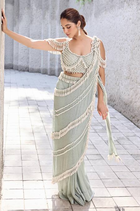 Shop_Mehul Gupta_Green Net Tassels Round Neck Sage Hand Embroidered Pre-draped Saree Set _Online_at_Aza_Fashions