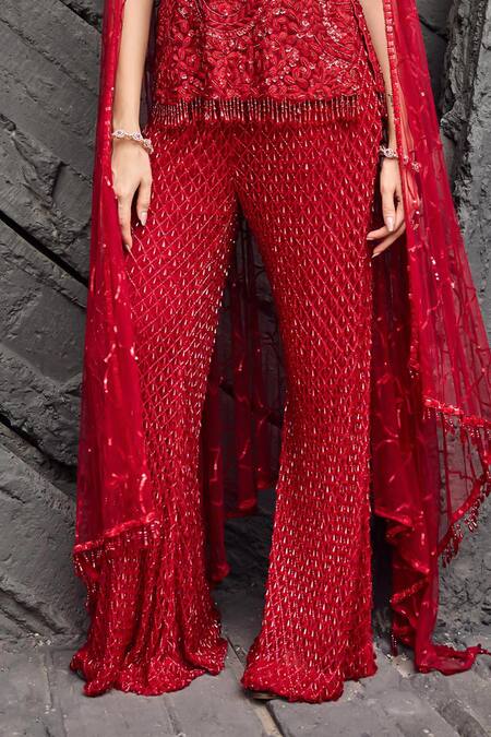 Mehul Gupta_Red Net Embroidery Halter Neck Hand Tunic And Palazzo Set _Online_at_Aza_Fashions
