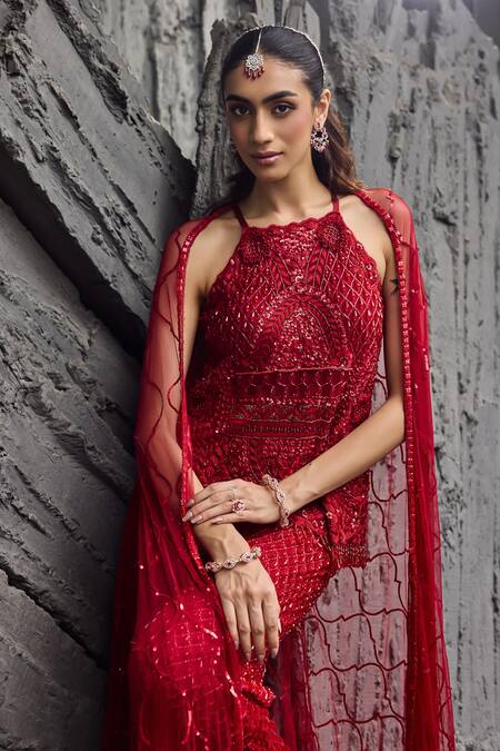 Buy_Mehul Gupta_Red Net Embroidery Halter Neck Hand Tunic And Palazzo Set _Online_at_Aza_Fashions
