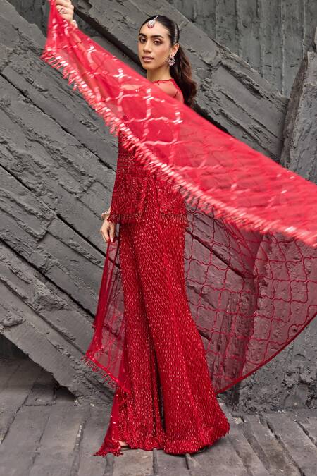 Shop_Mehul Gupta_Red Net Embroidery Halter Neck Hand Tunic And Palazzo Set _Online_at_Aza_Fashions