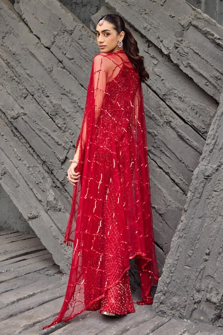 Mehul Gupta Red Hand Embroidered Tunic & Palazzo Set 