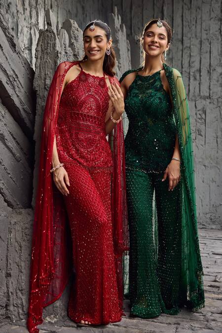 Mehul Gupta_Red Net Embroidery Halter Neck Hand Tunic And Palazzo Set _at_Aza_Fashions