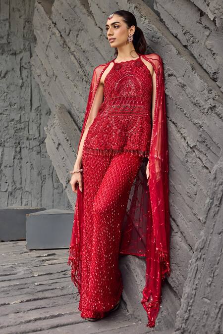 Buy_Mehul Gupta_Red Net Embroidery Halter Neck Hand Tunic And Palazzo Set 