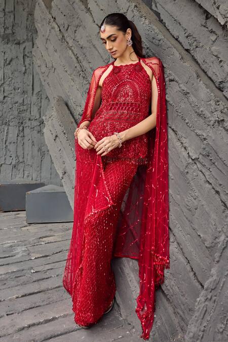 Shop_Mehul Gupta_Red Net Embroidery Halter Neck Hand Tunic And Palazzo Set 