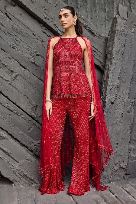 Mehul Gupta Red Net Embroidery Halter Neck Hand Tunic And Palazzo Set 