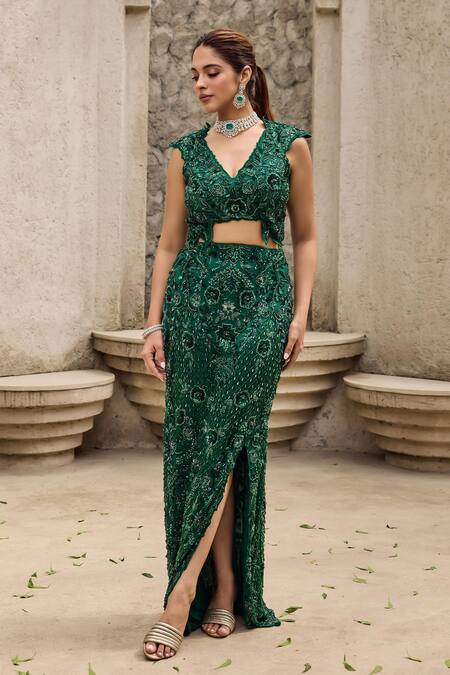 Shop_Mehul Gupta_Green Net Embroidery V-neck Hand Skirt Set _Online_at_Aza_Fashions