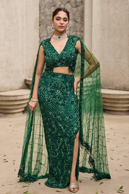 Mehul Gupta_Green Net Embroidery V-neck Hand Skirt Set _at_Aza_Fashions