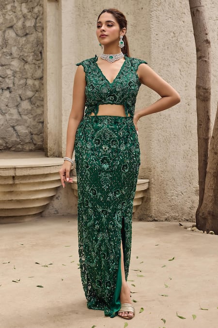 Mehul Gupta Green Net Embroidery V-neck Hand Skirt Set